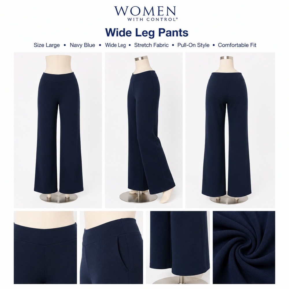 Women with Control Wide‎ Leg Pants Navy Blue Stretch Pull-On Large A616825